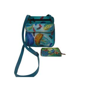 Anuschka Leather Crossbody Purse Wallet Teal Blue Feather Peacock Hand Painted